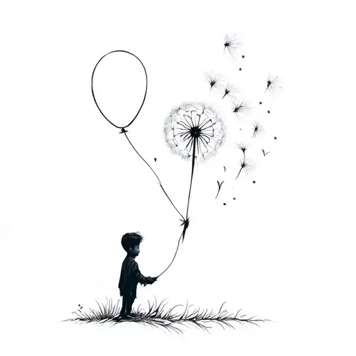 boy holding dandelion like a balloon floating tattoo design idea
