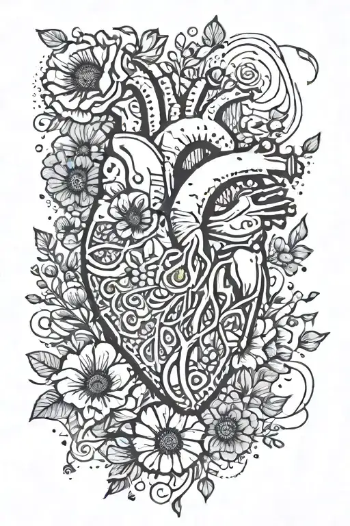 abstract design human heart, poppies, anemones, mushrooms, music, love tattoo design idea