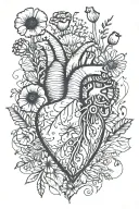 abstract design human heart, poppies, anemones, mushrooms, music, love tattoo design idea