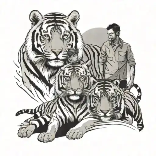 Family in the form of shadows, dad, mom, two sons, against the background of a tiger tattoo design idea