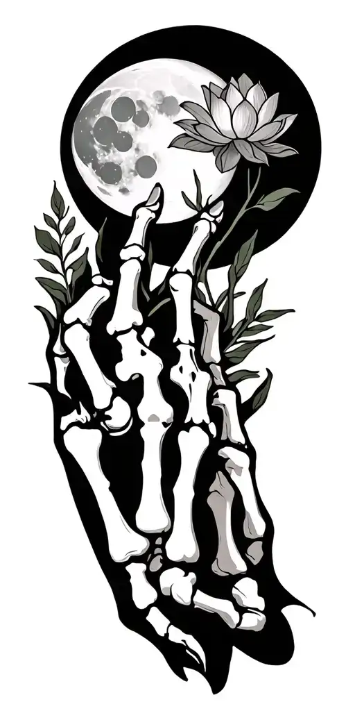 moons lotus with skeleton hand tattoo design idea