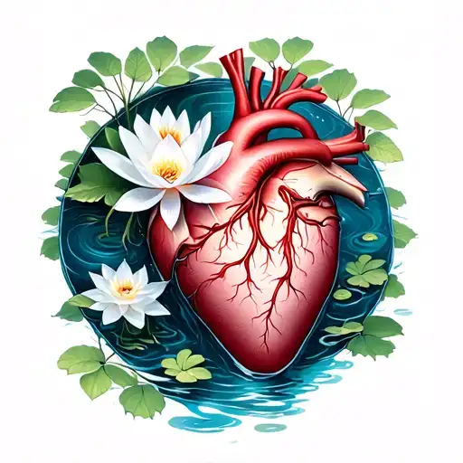 The right side is the back of the heart and the left is a pond surrounded in foliage, white lotus in the middle circle a tattoo design idea