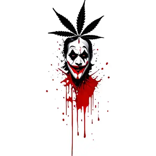 composition,joker,marijuana leaves in the background,dripping blood tattoo design idea