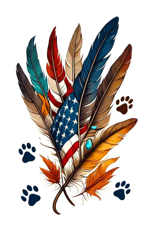 multiple feathers in fall colors with 2 dog paw prints incorporated, American flag and western turquoise jewlery tattoo design idea
