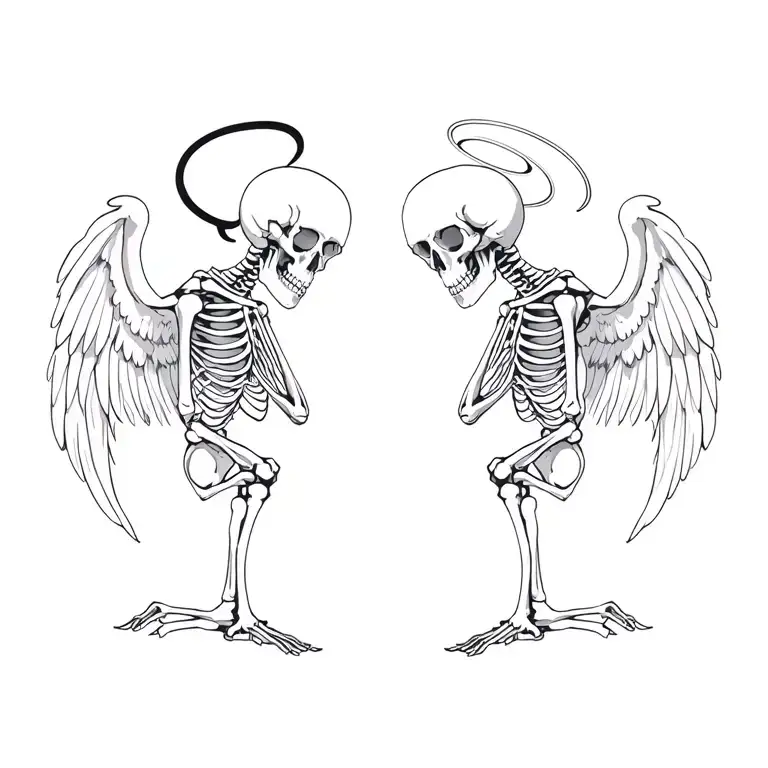 side profile of 2 identical skeletons praying one has devil horns and demon wings and the other a halo and angel wings tattoo design idea