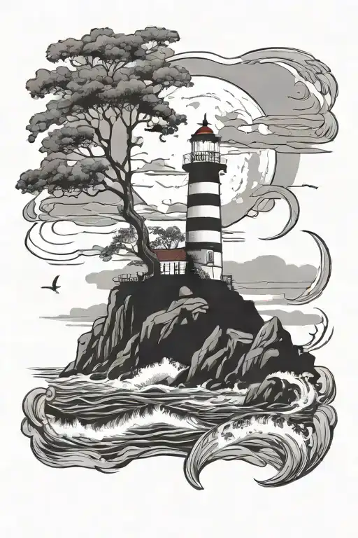 lighthouse at sea, full moon, cloudy, the fig tree has to be on rocks, black and white tattoo design idea