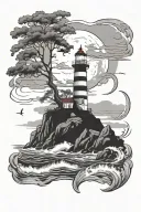 lighthouse at sea, full moon, cloudy, the fig tree has to be on rocks, black and white tattoo design idea