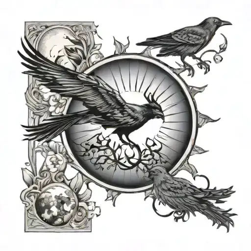 The sun tarot card with crows and the moon tarot card with deer tattoo design idea