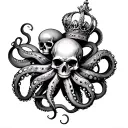 Octopus , steampunk style , chest piece ,  with one tentacle holding a skull and another tentacle holding a crown , the  tattoo design idea