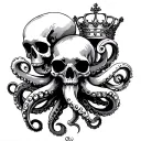 Octopus , steampunk style , chest piece ,  with one tentacle holding a skull and another tentacle holding a crown , the  tattoo design idea