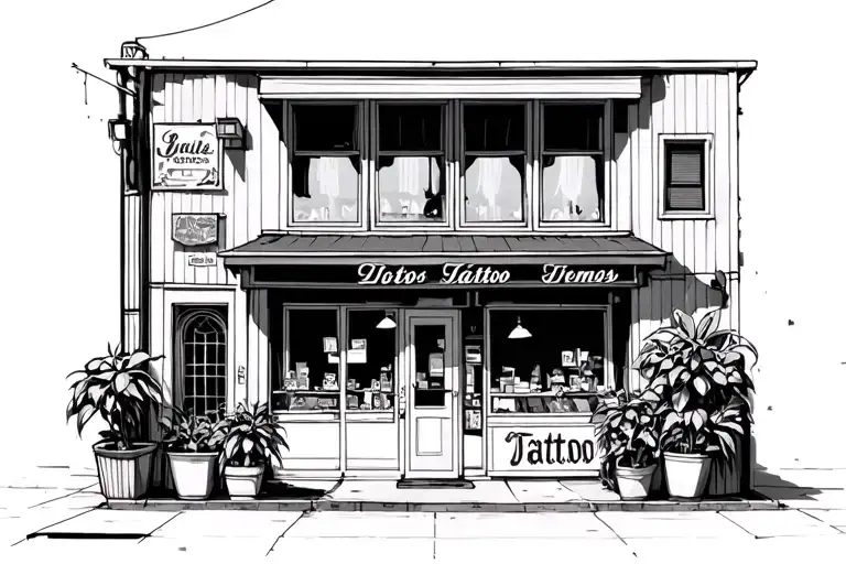 outside of 2 story tattoo shop with big windows and plants inside them tattoo design idea