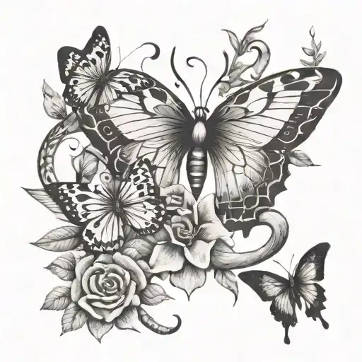snake butterflies flowers tattoo design idea