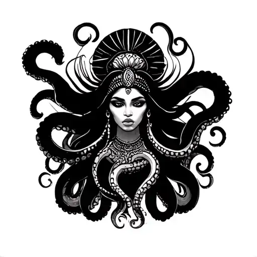 alien octopus tentacles wrapped around  African goddess tattoo design idea