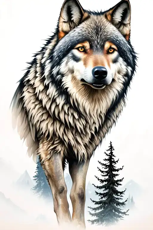 wolf and  mountains and trees tattoo design idea