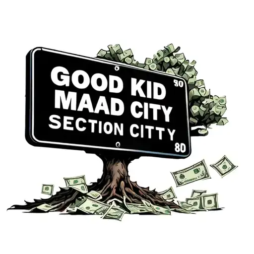 streetsign that says good kid maad city with a mixtape that says section 80 with a tree made out of money in the back tattoo design idea