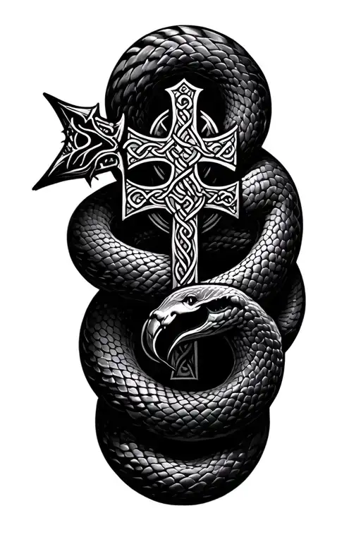 Celtic cross crushing a snake wrapped tattoo design idea