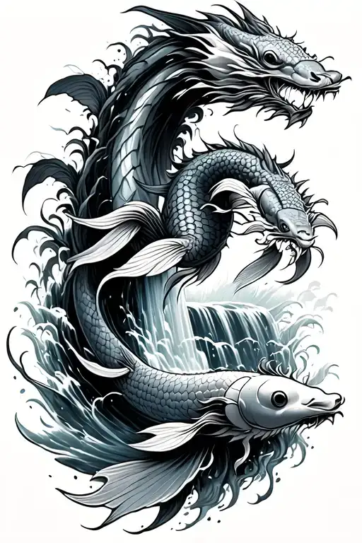 koi fish swimming up a waterfall and turning into a dragon near the top where the dragon spirals around the arm a little tattoo design idea