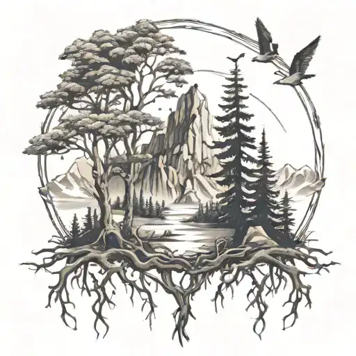 roots, wings and mountains and forest tattoo design idea