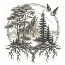 roots, wings and mountains and forest tattoo design idea