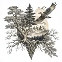 roots, wings and mountains and forest tattoo design idea