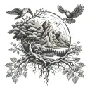 roots, wings and mountains and forest tattoo design idea