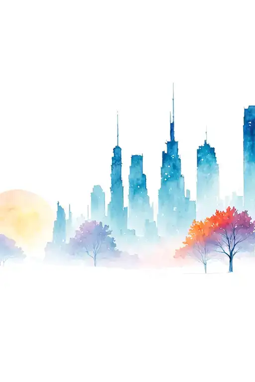 ghost city behind growing trees colors sunset tattoo design idea