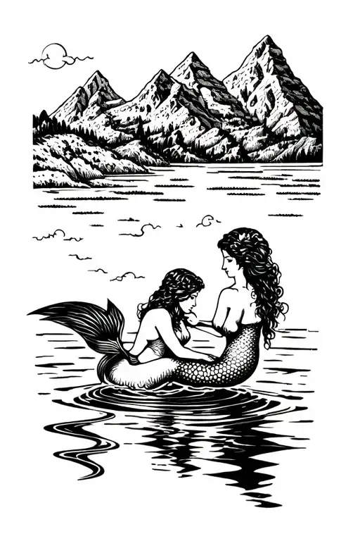mountains and mermaid sitting in water tattoo design idea