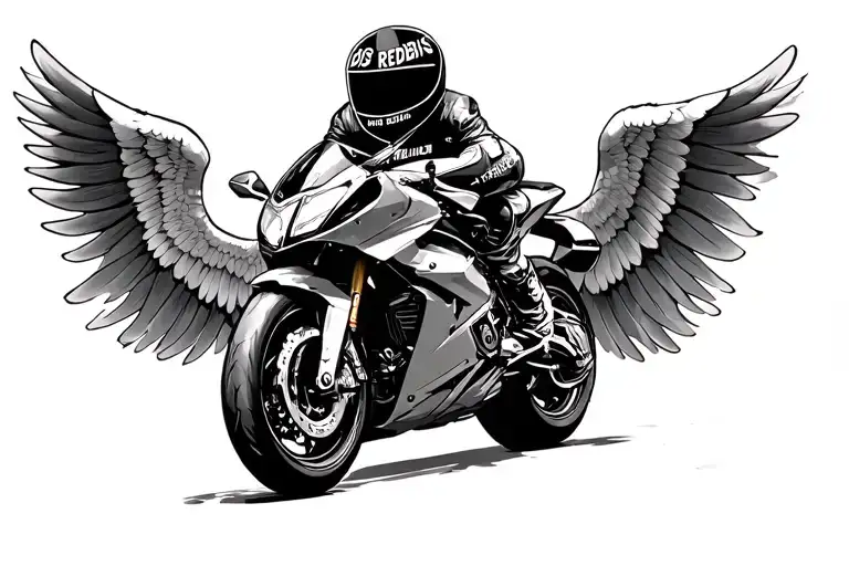 A biker with wings who gives a Ducati V4s with a 23 on the windshield and with the written "Ibis Redibis Non Morieris in Bello" tattoo design idea
