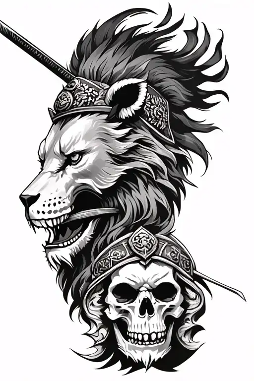 Skull Lion And Samurai warrior tattoo design idea