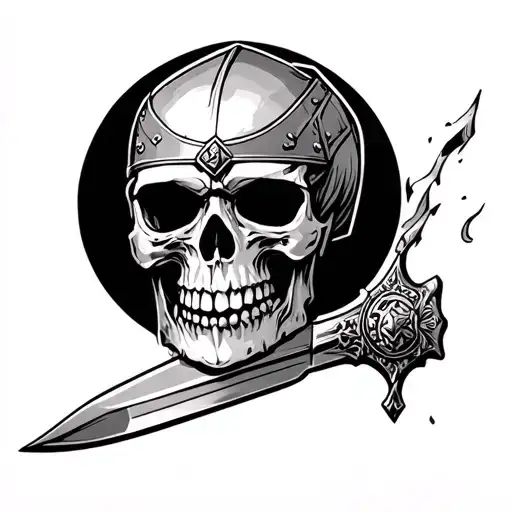 skull with a gladiators head taht poke out of a sword tattoo design idea