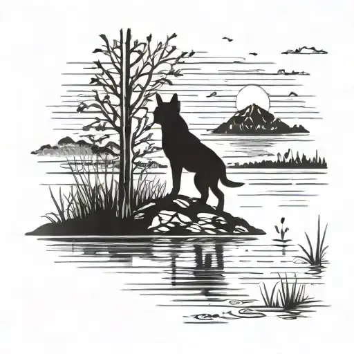 A silhouette of a hunter with a Boston terrier by their side, both looking out into a sunrise over a lake tattoo design idea