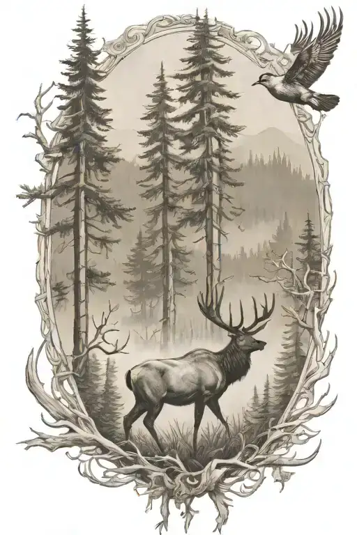 elk, ducks flying, man hunting, forest scene tattoo design idea