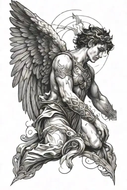 black and white image of a male angel with his head looking up, a halo, black feathered wings some of which are falling, tattoo design idea