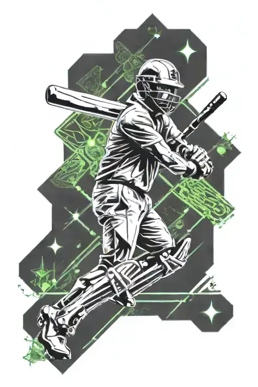 cricket batsmen playing a cricket shot with a cricket themed background  tattoo design idea