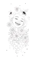 women laugh now cry later clowns,  with wildflowers and bees, honeycomb with dot technique in background  tattoo design idea