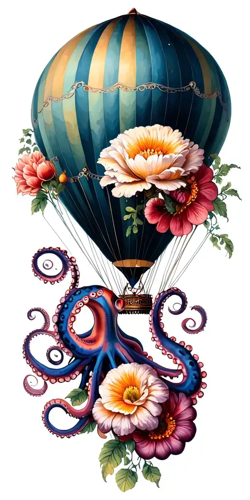 flowers, octopus, hot air balloon tattoo design idea