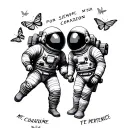 TWO ASTRONAUTS  FOR EACH OTHER SUROUNDED BUTTERFLYS FLYING AWAY WITH THE WORDS POR SIEMPRE MI CORAZÓN TE PERTENECE tattoo design idea