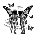 TWO ASTRONAUTS  FOR EACH OTHER SUROUNDED BUTTERFLYS FLYING AWAY WITH THE WORDS POR SIEMPRE MI CORAZÓN TE PERTENECE tattoo design idea