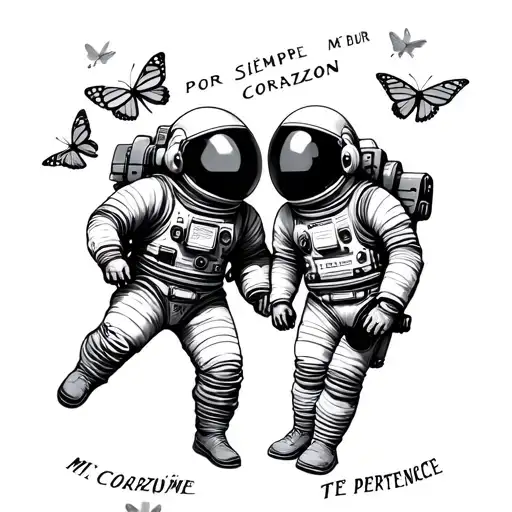TWO ASTRONAUTS  FOR EACH OTHER SUROUNDED BUTTERFLYS FLYING AWAY WITH THE WORDS POR SIEMPRE MI CORAZÓN TE PERTENECE tattoo design idea