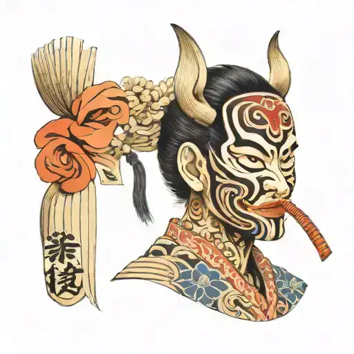 Samuri wearing straw jingasa mask face tattoo design idea