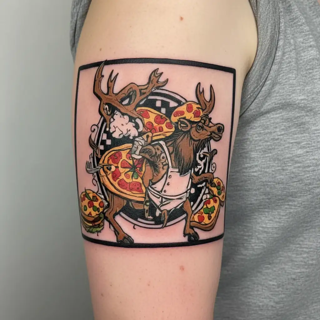 a chef elk and pizza tattoo design idea