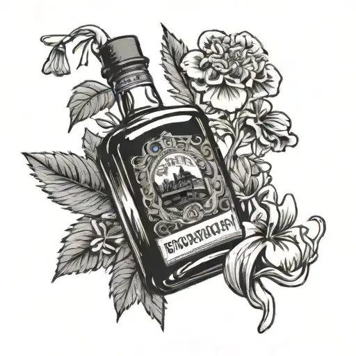 Bottle of bourbon going up arm with tree and flowers coming from bottle then at the top have a pack of cigarettes burnin tattoo design idea