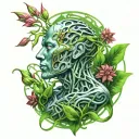 a peaceful meditating cyborg emerging from organic green blades intertwined tattoo design idea