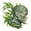 a peaceful meditating cyborg emerging from organic green blades intertwined tattoo design idea