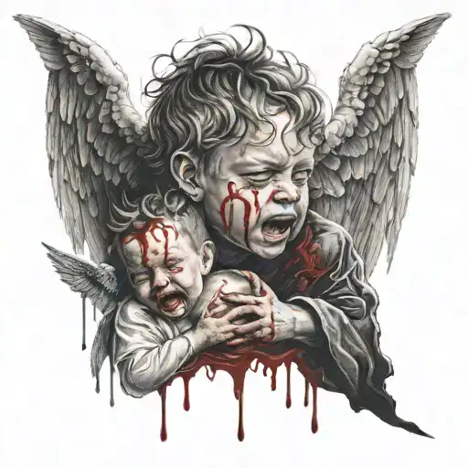 a child crying blood tears , with an angel on his left and a devil on his righ tattoo design idea