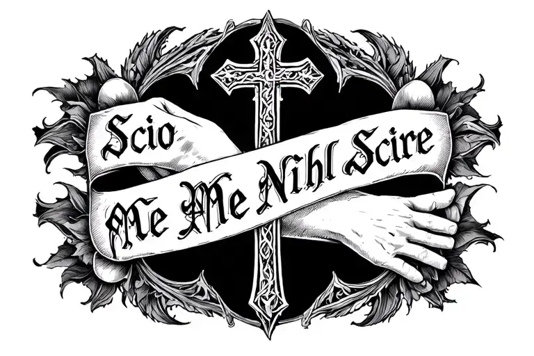 Tattoo on all forearms, inscription in the Gothic style: "Scio Me Nihil Scire" and Crosses tattoo design idea