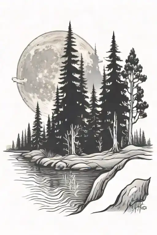 River and only Redwood trees and full moon tattoo design idea