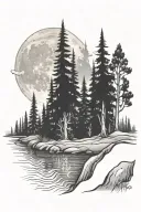 River and only Redwood trees and full moon tattoo design idea