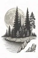 River and only Redwood trees and full moon tattoo design idea