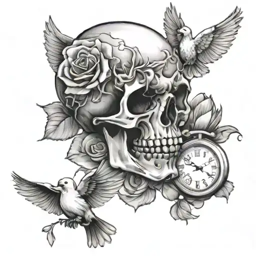 skull with rose in its mouth next to dove and clock   tattoo design idea